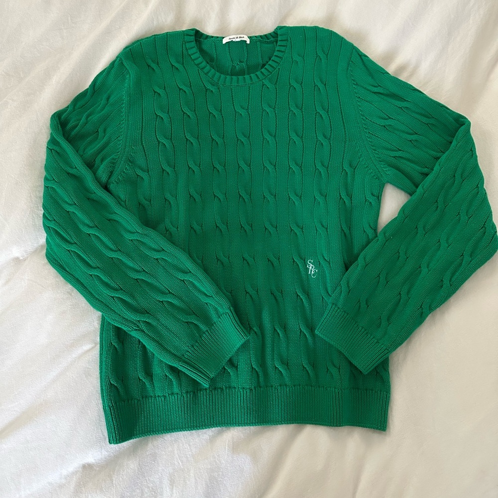 Sporty and Rich Green Cotton Cable knit Sweater